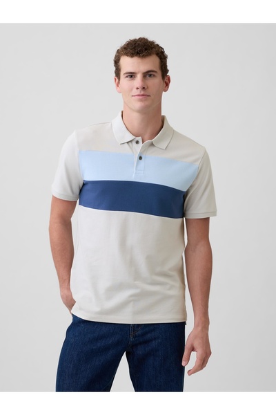 GAP Erkek Krem Colorblock Stretch Pique Polo Gömleği