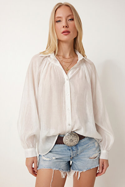 Lovelyİstanbul Balloon Sleeve Transparent Oversize Shirt Lyy0141 White