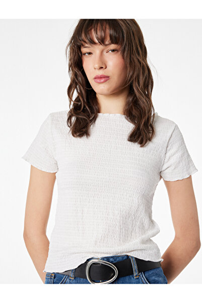 Koton Μπλουζάκι με κοντό μανίκι και λαιμόκοψη σκάφους από μείγμα βισκόζης