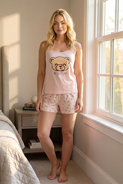 Roza Pijama طقم بيجامة نسائي من مودال بتصميم دب مع شورت بحمالات ROZA028