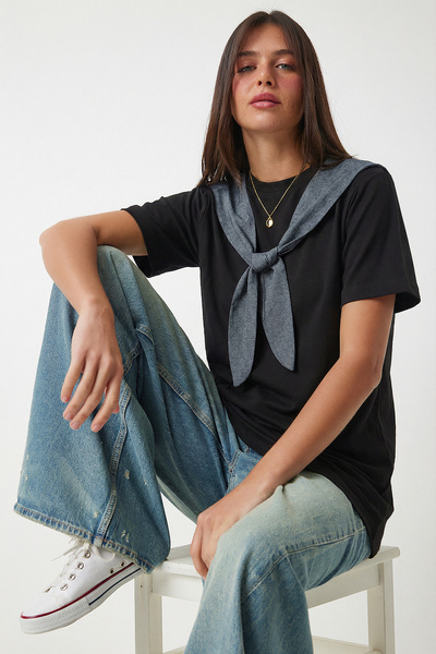 Lovelyİstanbul Πλεκτό μπλουζάκι με λεπτομέρεια φουλαριού σε αντίθεση LCR0120 ...