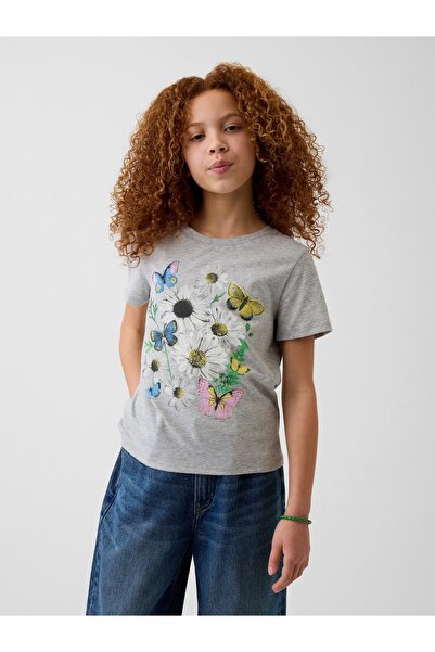 GAP Kız Çocuk Açık Gri Relaxed Grafik Baskılı T-Shirt