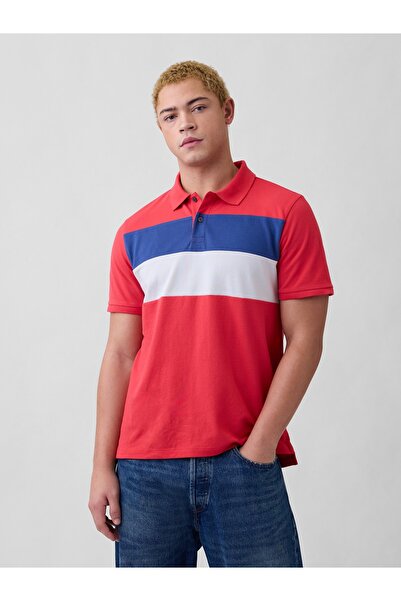 GAP Erkek Kırmızı Colorblock Stretch Pique Polo Gömleği