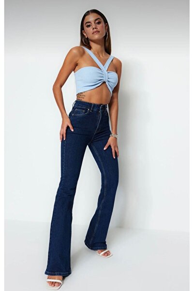 SAPAKTEKS Koyu Mavi Kadın Yüksek Bel Comfort/Esnek İspanyol Paca Flare Jeans