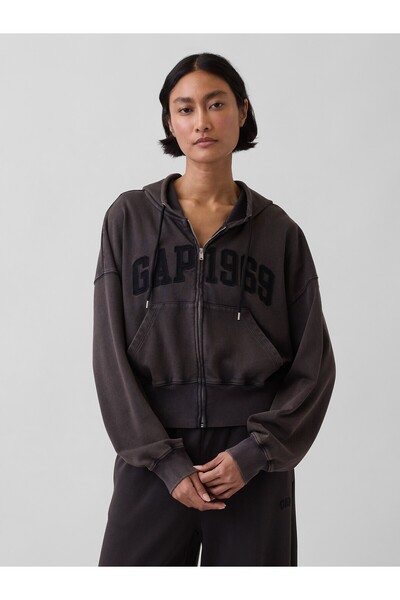GAP Kadın Siyah Fransız Havlu Kumaş Oversized 1969 Logo Fermuarlı Sweatshirt