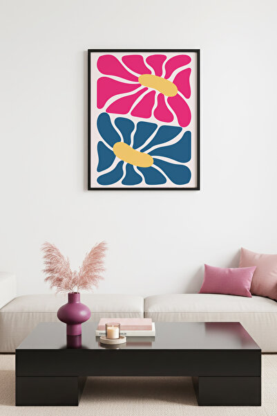 huhuli Ρετρό αφηρημένη ζωγραφική με φυσικό ξύλινο πλαίσιο - Ροζ και μπλε φλορ...