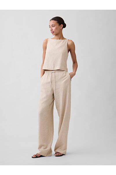 GAP Kadın Bej Relaxed Keten Karışımı Wide-Leg Pantolon
