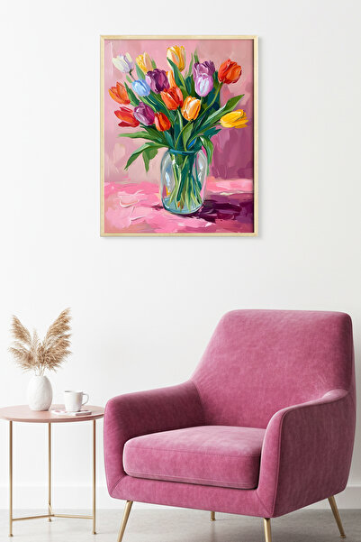 huhuli Tablou cu model floral abstract, încadrat în lemn natural - Nuanțe vib...