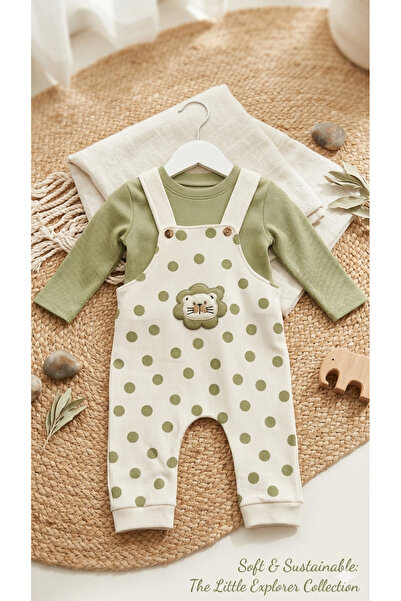 Butik Little Explorer Bebek Haki Fitilli Takım - Aslan Nakışlı Puantiyeli Sal...