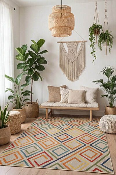 GECE HOME Renkli Geometrik Desenli Kaymaz Taban Halı Yolluk Dijital Baskı Mod...