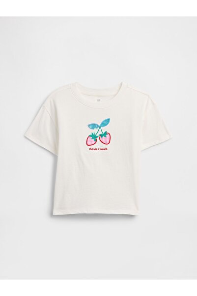 GAP Kız Çocuk Kırık Beyaz Oversized Grafik Baskılı T-Shirt