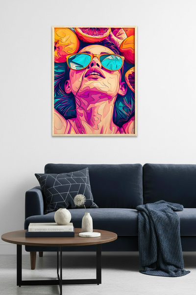 huhuli Tablou cu model portret abstract, cu ramă din lemn natural - Portocali...