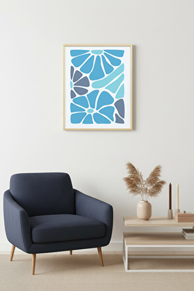 huhuli Ρετρό πίνακας με φυσικό ξύλινο πλαίσιο - Αφηρημένες γεωμετρικές μπλε α...