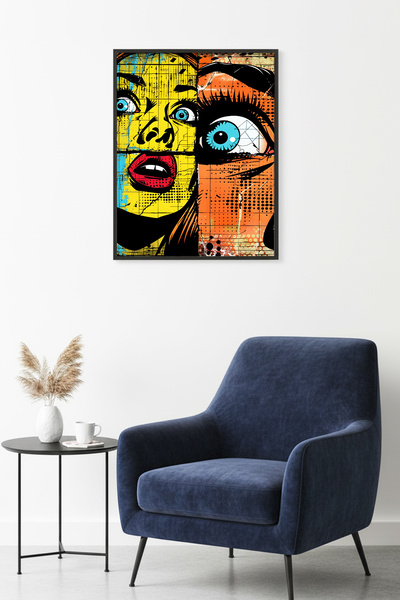 huhuli Πίνακας με αφηρημένο σχέδιο ποπ αρτ με φυσικό ξύλινο πλαίσιο - Κίτρινο...