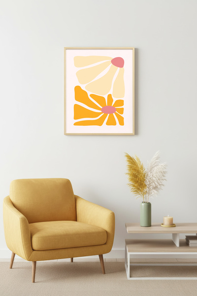 huhuli Ρετρό πίνακας με φυσικό ξύλινο πλαίσιο - Αφηρημένη Ποπ Αρτ με λουλούδι...