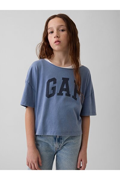 GAP Kız Çocuk Mavi Oversized Wide-Neck T-Shirt