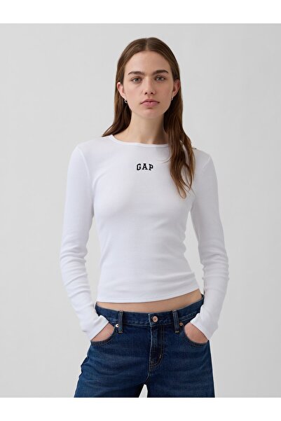 GAP Kadın Beyaz Fitilli Crop Logo T-Shirt