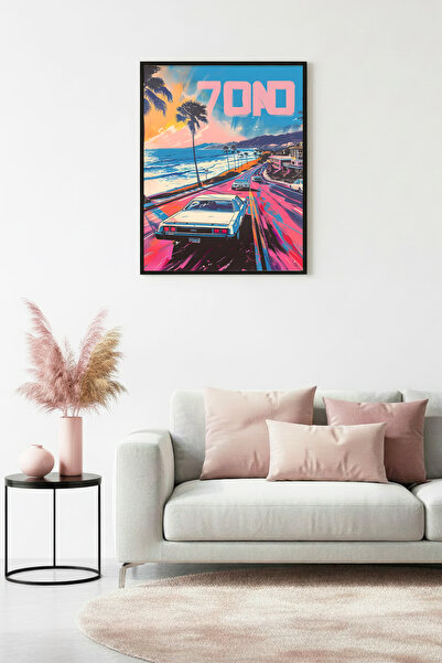 huhuli Ρετρό Πίνακας με θέα στην παραλία με φυσικό ξύλινο πλαίσιο - Τιρκουάζ-...