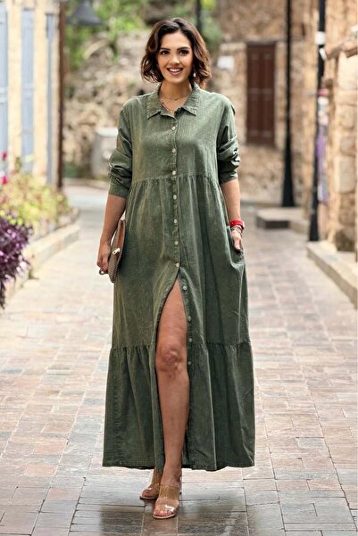 Nevin Kaya Moda Φόρεμα πουκάμισο χακί τιρκουάζ 100% βαμβάκι