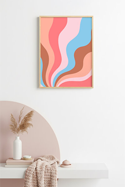 huhuli Tablou cu model abstract retro ondulat, cu ramă din lemn natural - Ton...