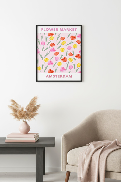 huhuli Παστέλ Ανοιξιάτικος πίνακας με λουλουδάτο τουλίπανο με φυσικό ξύλινο π...