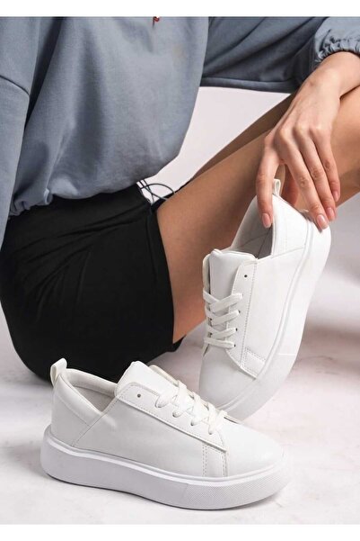 romex Beyaz Bağcıklı Kadın Sneaker – Günlük Rahat Kalın Taban Spor Ayakkabı