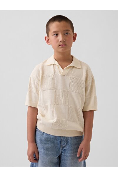 GAP Erkek Çocuk Krem Johnny Yaka Kareli Triko T-Shirt