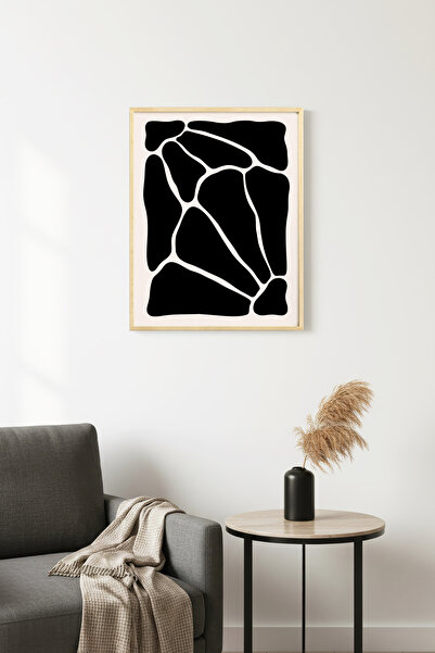 huhuli Tablou abstract retro cu ramă din lemn natural - Model geometric alb-n...