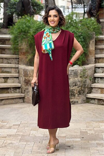 Nevin Kaya Moda Bordo Omuz Drapeli Elbise