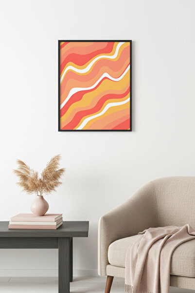 huhuli Tablou retro abstract ondulat cu ramă din lemn natural - Tonuri portoc...