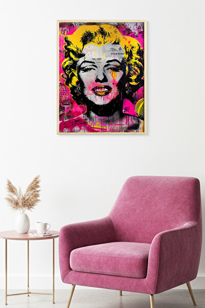 huhuli Τραπέζι με γραφικό σχέδιο σε κίτρινο-ροζ χρώμα με φυσικό ξύλινο πλαίσι...