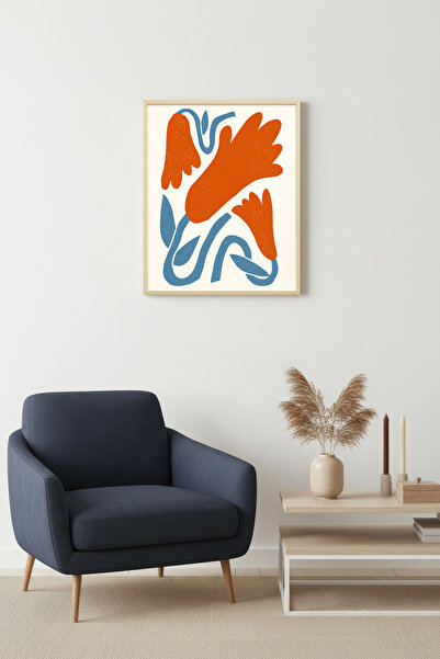 huhuli Tablou abstract retro cu ramă din lemn natural - Tonuri portocalii și ...