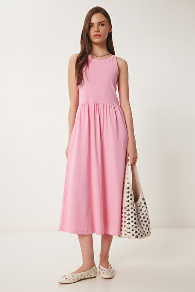 Lovelyİstanbul Βασικό καλοκαιρινό πλεκτό φόρεμα με λαιμόκοψη halter LCR0053 ΡΟΖ