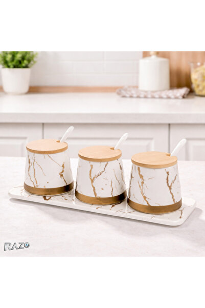 Razo Σετ 3 μαρμάρινων πορσελάνινων δοχείων μπαχαρικών, καπάκια από μπαμπού, κ...