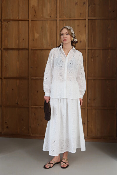 Lusin Γυναικείο λευκό πουκάμισο με κέντημα, φούστα με επένδυση, καλοκαιρινό χ...