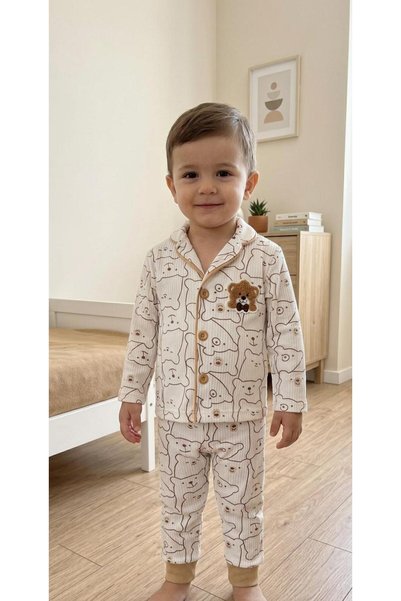 MOMOİRO Bear Embroidered Children's Pajama Set