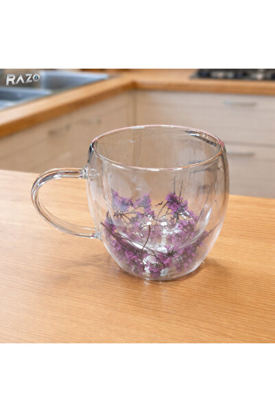 Razo Γυάλινη κούπα διπλού τοιχώματος Μωβ 250 ml, Φυσικά αποξηραμένα λουλούδια...