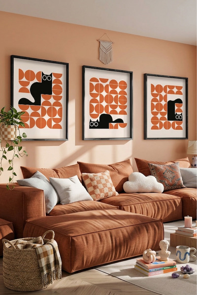 STARYUNA Πίνακας Pinterest με γάτα, Σετ τριών πινάκων με γεωμετρική φιγούρα γ...