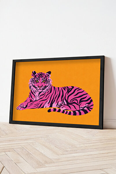 STARYUNA Μαύρο ξύλινο πλαίσιο με ροζ φιγούρα τίγρης, εγκάρσια μονή ζωγραφιά E...