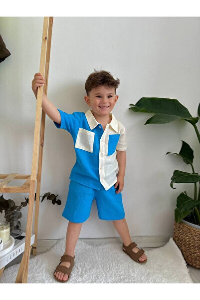 RÜYA KİDS Boy's Summer Muslin Fabric Shirt Shorts 2-Piece Set