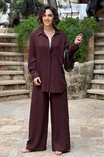 Nevin Kaya Moda Καφέ Παντελόνι Παλάτσο Τουνίκ Σετ Δύο Τεμαχίων