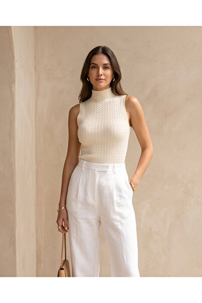 Trend Kapında Καλοκαιρινή Πλεκτή Μπλούζα με Σχέδιο Κοτσίδας