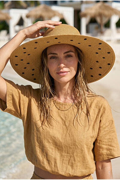 Luminos Butik Women's Polka Dot Embroidered Camel Straw Hat Hsr2137