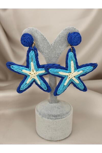 ZS Aksesuar Starfish Earrings Zr Model – Blue Tone Wicker Look Summer Women's...
