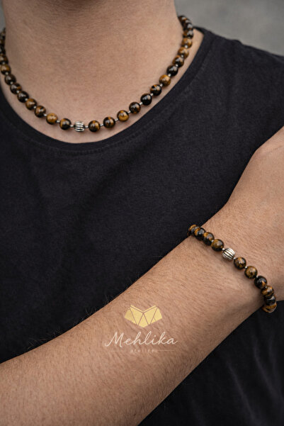 mehlika atelier Mehlikaatelier Kaplangözü Doğal Taş Erkek Kolye ve Bileklik Seti