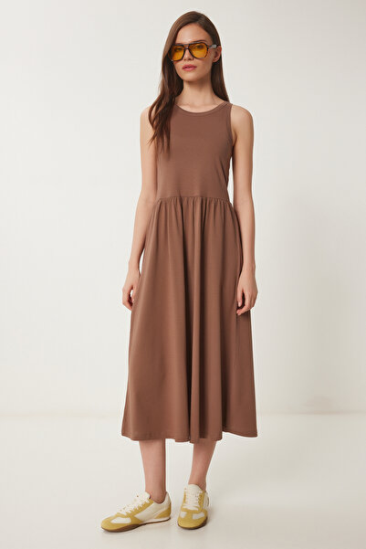 Lovelyİstanbul Halter Neck Basic Summer Knitted Dress Lcr0053 Brown