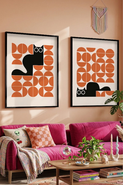 STARYUNA Πίνακας με γάτα, Μαύρο ξύλινο πλαίσιο, Ρετρό σετ δύο πινάκων με φιγο...