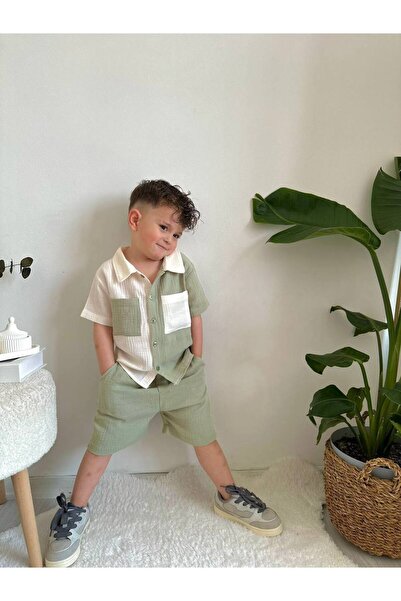 RÜYA KİDS Boy's Summer Muslin Fabric Shirt Shorts 2-Piece Set