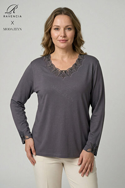 Ravencia Γυναικεία μπλούζα από χτενισμένο βαμβάκι με δαντελωτό γιακά και κέντ...