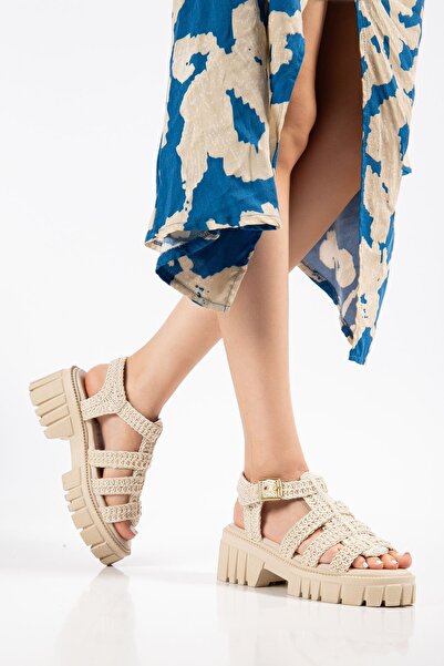 Moda Eleysa Women's Beige Knitwear Knitted High-Sole Sandals with Buckle Detail